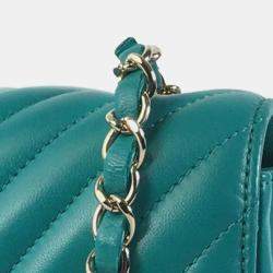 Pre Owned Chanel Green Mini Rectangular Chevron Lambskin Single Flap