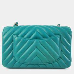 Pre Owned Chanel Green Mini Rectangular Chevron Lambskin Single Flap