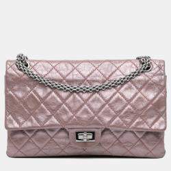 Pre Owned Chanel Pink Reissue 2.55 Aged Metallic Calfskin Double Flap 226
