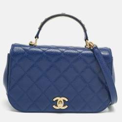 Pre Owned Chanel Blue Quilted Caviar Leather Carry Around Flap Bag 