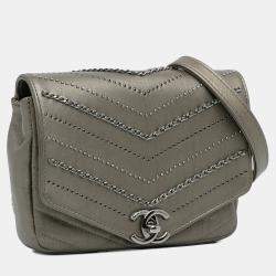 Pre Owned Chanel Grey Mini Embellished Calfskin Chevron Square Envelop Flap