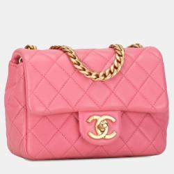 Pre Owned Chanel Pink Mini Square Lambskin Pearl Samba Flap