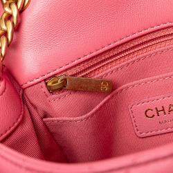 Pre Owned Chanel Pink Mini Square Lambskin Pearl Samba Flap