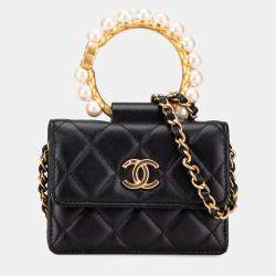 Pre Owned Chanel Black Quilted Lambskin Pearl Crown Clutch On Chain