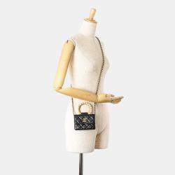 Pre Owned Chanel Black Quilted Lambskin Pearl Crown Clutch On Chain