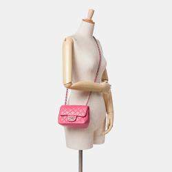 Pre Owned Chanel Pink Mini Square Classic Lambskin Single Flap