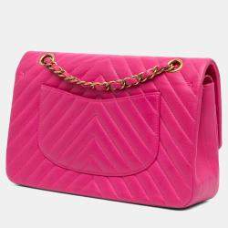 Pre Owned Chanel Pink Medium Classic Chevron Lambskin Double Flap