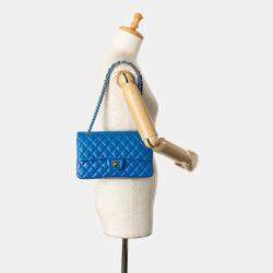 Pre Owned Chanel Blue Medium Classic Lambskin Double Flap