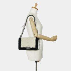 Pre Owned Chanel White Old Medium Bicolor Shearling Boy Flap