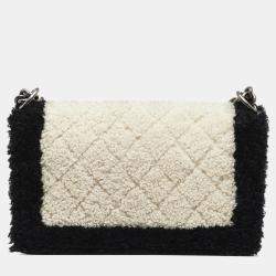 Pre Owned Chanel White Old Medium Bicolor Shearling Boy Flap