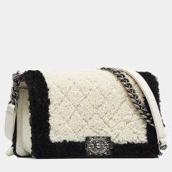 Pre Owned Chanel White Old Medium Bicolor Shearling Boy Flap