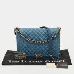 Pre Owned Chanel Blue Quilted Denim Large Boy Flap Bag