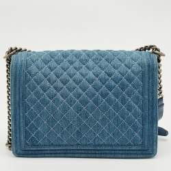 Pre Owned Chanel Blue Quilted Denim Large Boy Flap Bag