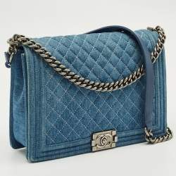 Pre Owned Chanel Blue Quilted Denim Large Boy Flap Bag