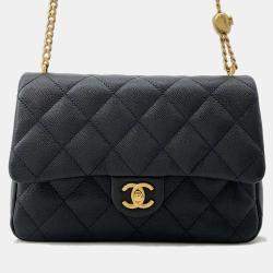 Pre Owned Chanel Matelasse Heart Ball Chain shoulder Black Caviar Leather