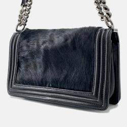 Pre Owned Chanel Boy Chanel Chain shoulder Bag Black Leather Fur Size 25