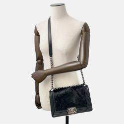 Pre Owned Chanel Boy Chanel Chain shoulder Bag Black Leather Fur Size 25