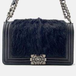 Pre Owned Chanel Boy Chanel Chain shoulder Bag Black Leather Fur Size 23