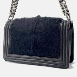 Pre Owned Chanel Boy Chanel Chain shoulder Bag Black Leather Fur Size 23