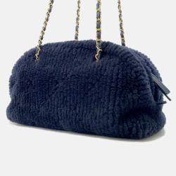 Pre Owned Chanel Coco Neige Bowling Bag Navy Shearling Lambskin Size Large
