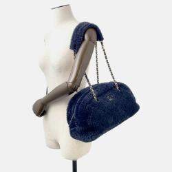 Pre Owned Chanel Coco Neige Bowling Bag Navy Shearling Lambskin Size Large