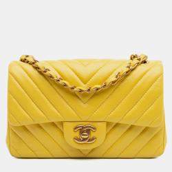 Pre Owned Chanel Yellow Mini Rectangular Classic Chevron Lambskin Single Flap