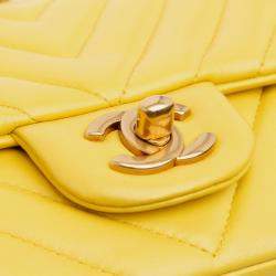 Pre Owned Chanel Yellow Mini Rectangular Classic Chevron Lambskin Single Flap