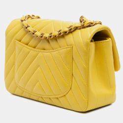 Pre Owned Chanel Yellow Mini Rectangular Classic Chevron Lambskin Single Flap