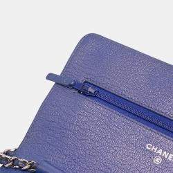 Pre Owned Chanel Blue CC Calfskin Double Stitched Wallet on Chain
