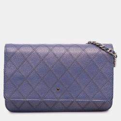 Pre Owned Chanel Blue CC Calfskin Double Stitched Wallet on Chain