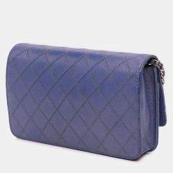 Pre Owned Chanel Blue CC Calfskin Double Stitched Wallet on Chain