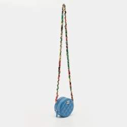 Pre Owned Chanel Blue Quilted Leather Ribbon Round Chain Clutch