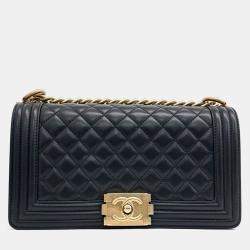 Pre Owned Chanel Black Leather Lambskin Boy Bag Medium