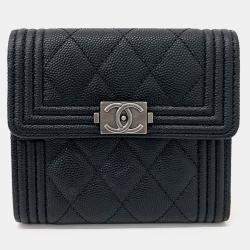 Pre Owned Chanel Black Leather Caviar Boy Bifold Wallet