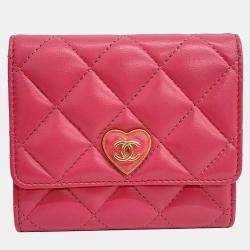 Pre Owned Chanel Pink Leather Heart Half Wallet