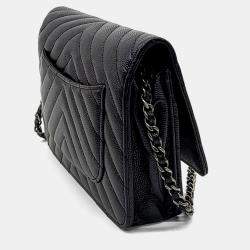Pre Owned Chanel Black Leather Caviar Chevron WOC Mini Crossbody Bag