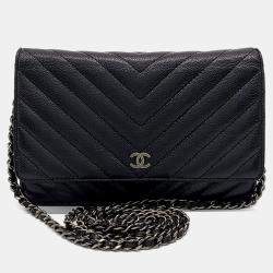 Pre Owned Chanel Black Leather Caviar Chevron WOC Mini Crossbody Bag