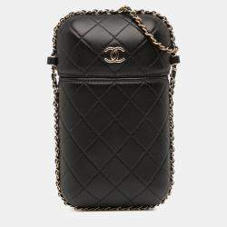 Pre Owned Chanel Black CC Quilted Lambskin Chain Around Phone Holder