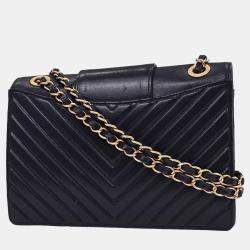 Pre Owned Chanel Navy Calfskin Chevron Shoulder Bag