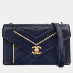 Pre Owned Chanel Navy Lambskin Chevron Shoulder Bag