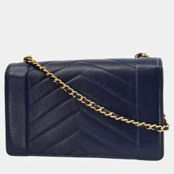 Pre Owned Chanel Navy Lambskin Chevron Shoulder Bag