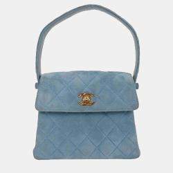 Pre Owned Chanel Light Blue Suede Straight Flap Handbag