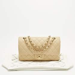 Pre Owned Chanel Beige Quilted Leather Medium Classic Double Flap Bag