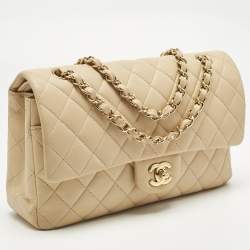 Pre Owned Chanel Beige Quilted Leather Medium Classic Double Flap Bag