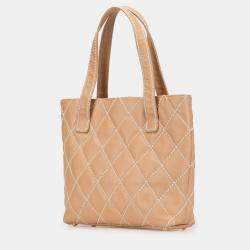 Pre Owned Chanel Brown Small CC Calfskin Wild Stitch Tote
