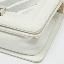 Pre Owned Chanel White/Grey Chevron Lizard and Leather Small Boy Flap Bag