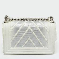 Pre Owned Chanel White/Grey Chevron Lizard and Leather Small Boy Flap Bag