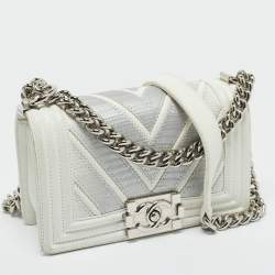 Pre Owned Chanel White/Grey Chevron Lizard and Leather Small Boy Flap Bag
