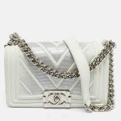 Pre Owned Chanel White/Grey Chevron Lizard and Leather Small Boy Flap Bag