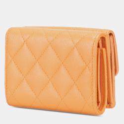 Pre Owned Chanel Orange Quilted Caviar 19 Compact Flap Wallet